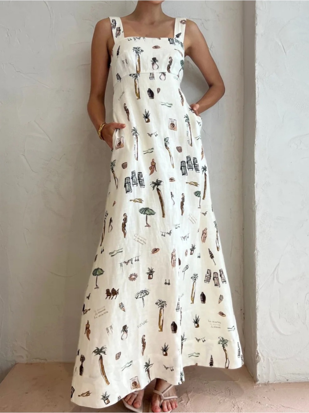 Commense Ivory Tropical Print Knotted Long Dress